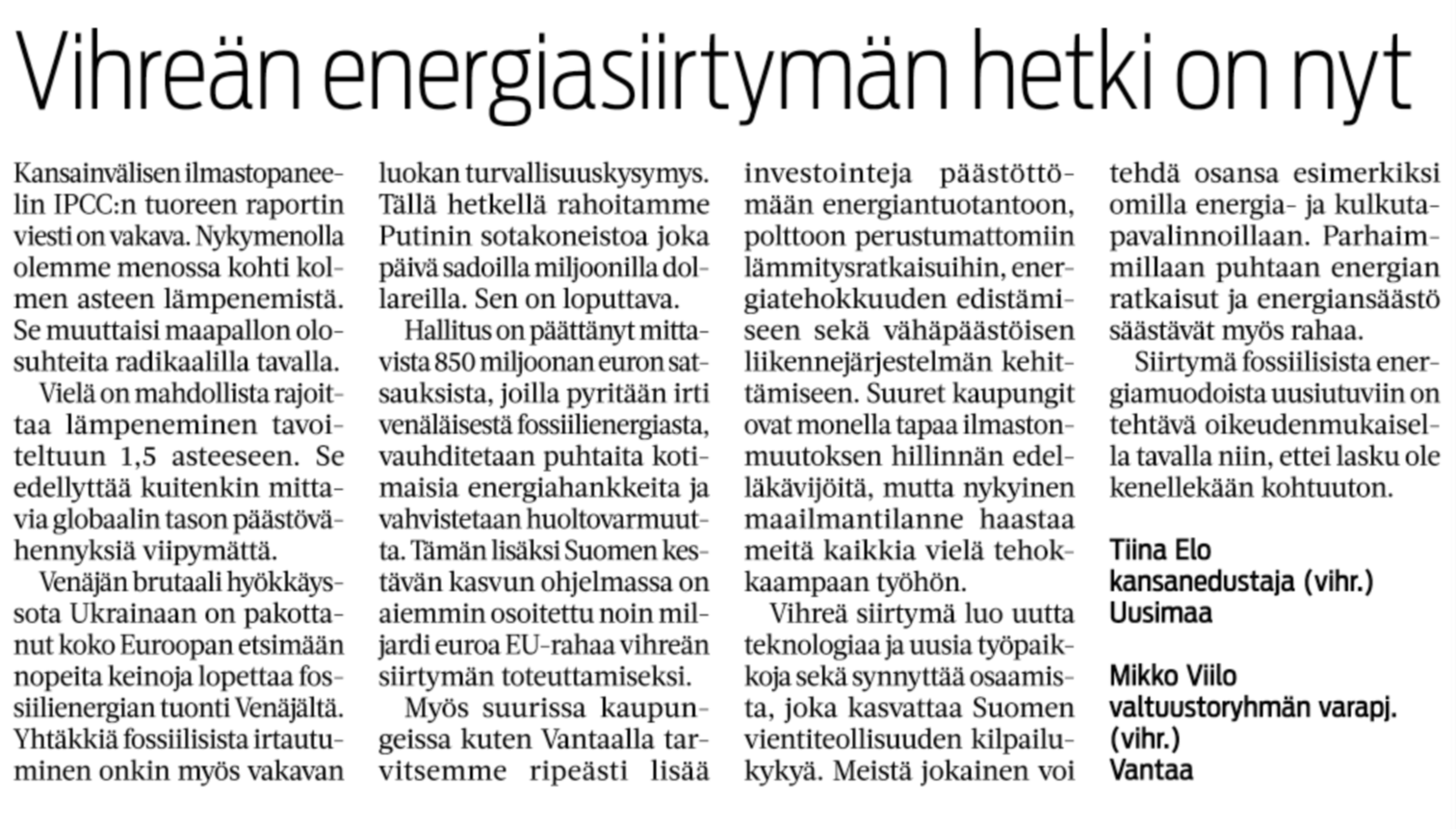 Vihreän energiasiirtymän hetki on nyt